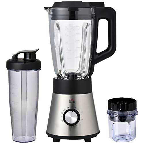 HOMCOM Batidora de Vaso 1000W Jarra de Cristal de 1.5L con 4 Programas 5 Velocidades Ajustables Cuchilla de 6 Hojas Acero Inoxidable y Botella Portátil 22,4x19x43 cm Negro